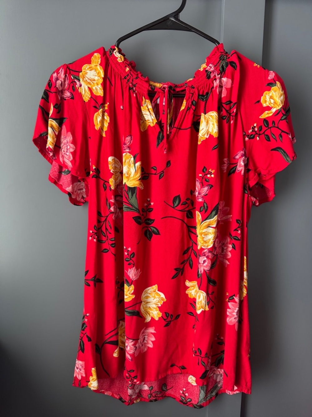 Old Navy Red Floral Tunic with Yellow & Pink Flowers